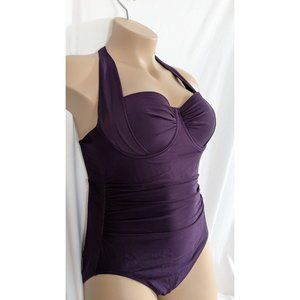 Lands End Purple Ruched One Piece underwire Swimsuit Sz 16 Bandeau